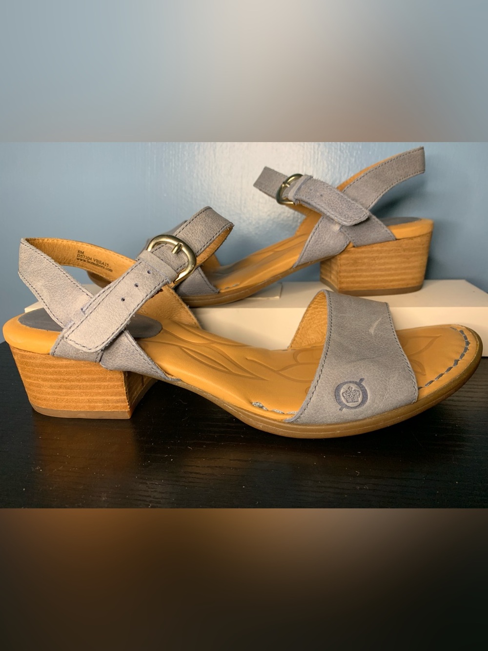Born Lt. Blue Leather Ankle-Strap Sandals with Tan Footbed